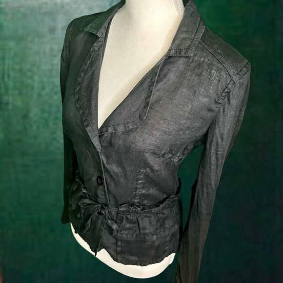 Vintage Armani Jeans Black 100% Linen Button Down Ruffled Waist Blazer Size 6 - Picture 13 of 13